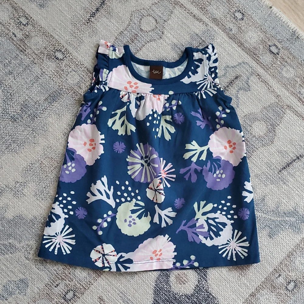 Tea Collection Baby Girls Navy Coral Abstract Print Dress Sz9-12m